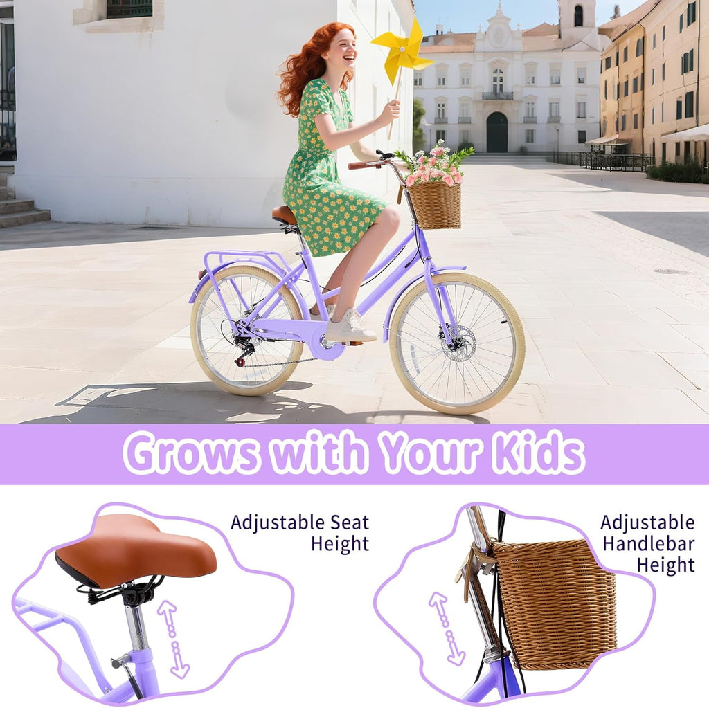 24 Beach Cruisers for Women, Pipleo Bikes for Women with Rattan Basket, 7-Speed & Step-Through Frame