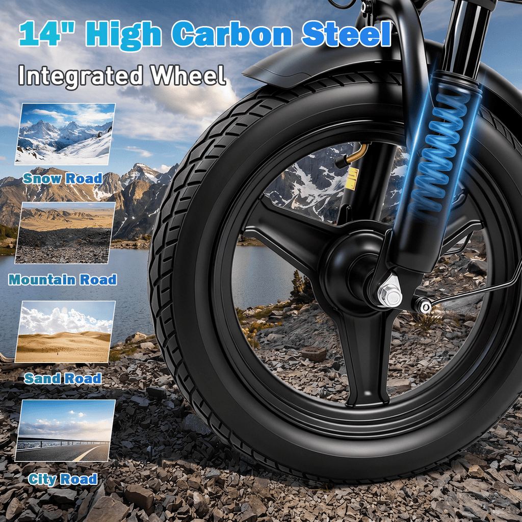 XKJ Electric Bike for Adults, Ebike, Electric Bicycle with 48V 12AH Battery,14 Folding Ebike for Teens, 21MPH,20+ Miles(MAX),500W Motor,Multi-Shock Absorption,Mini E Bikes with Baskets,UL2849