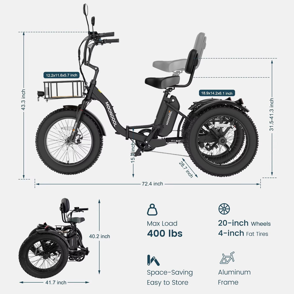 MOONCOOL Folding Electric Tricycle for Adults, 20 x 4 Fat Tire Electric Trike, 48V Peak 1092W  Electric Bicycle, 3 Wheels 7 Speed Ebike w/ 14.5Ah Removable Battery& Speed Differential Mechanism