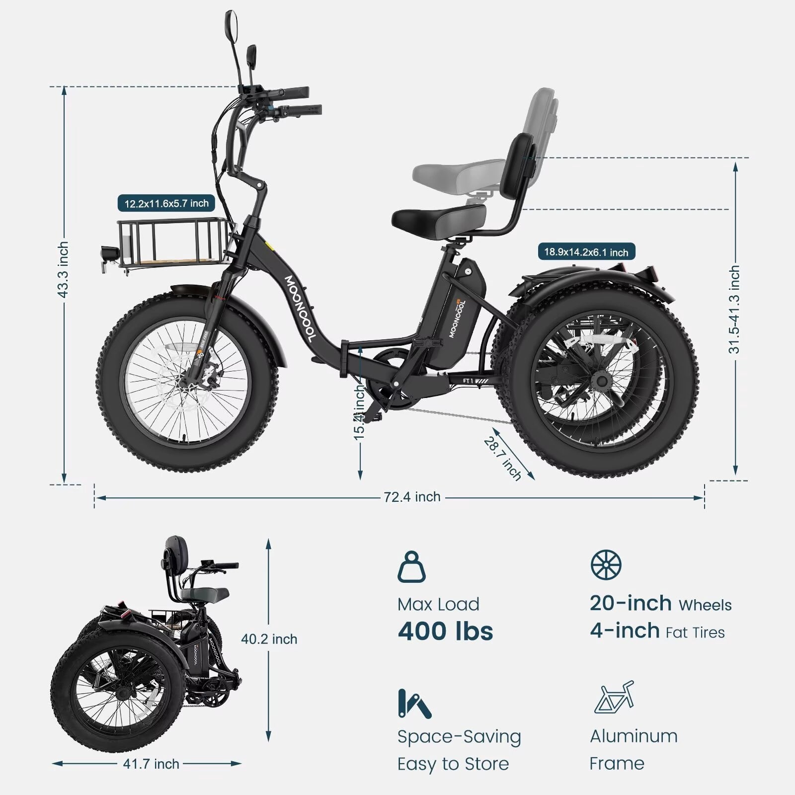 MOONCOOL Folding Electric Tricycle for Adults, 20 x 4 Fat Tire Electric Trike, 48V Peak 1092W  Electric Bicycle, 3 Wheels 7 Speed Ebike w/ 14.5Ah Removable Battery& Speed Differential Mechanism