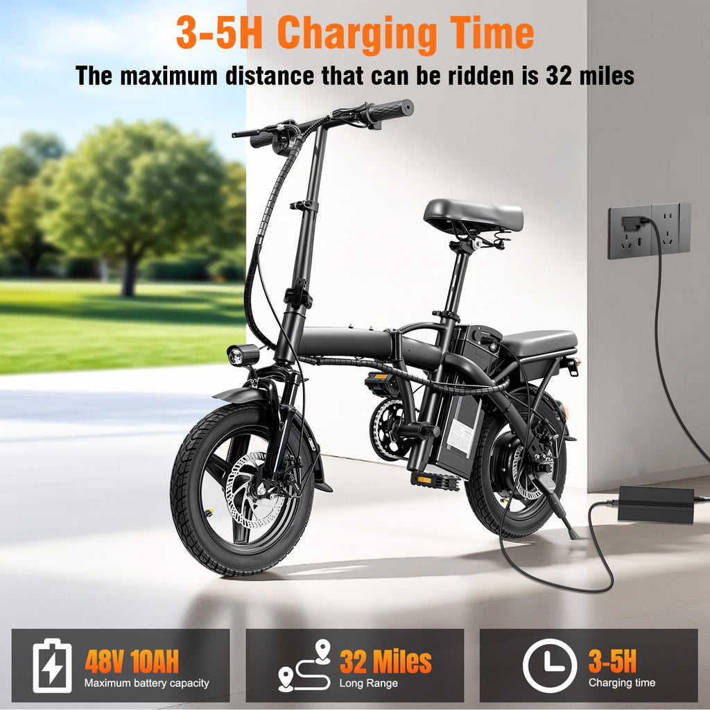14 In Adult Folding Electric Bike - 48V 740W Peak Motor, 15Ah Battery, With 11 Shock Absorbers, Range Of 25-35 Miles, Maximum Load Capacity Of 330 Lbs, Portable Folding Design Black