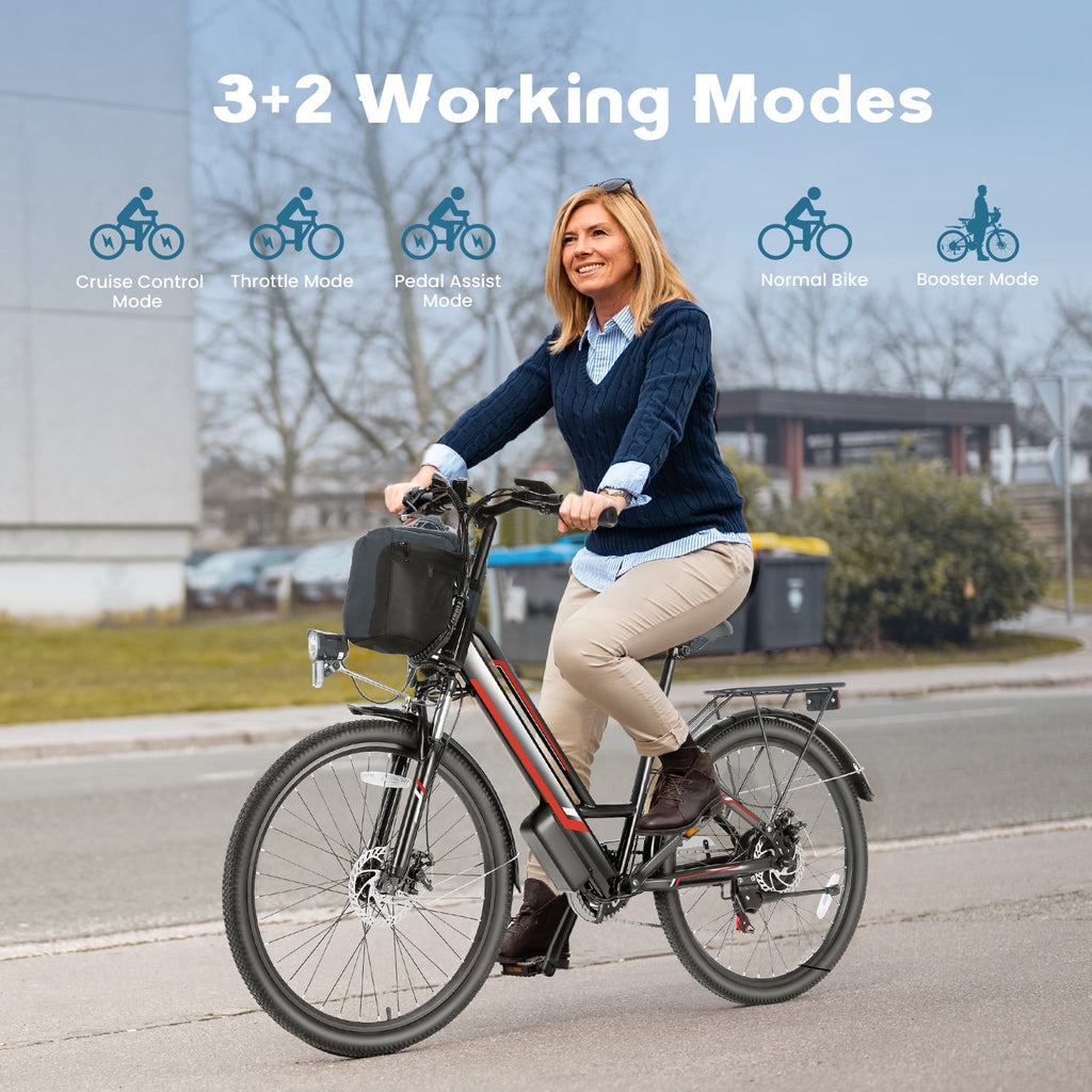 Elifine 500W Electric Bike for Adults, 26 Commuter Electric Bicycle 19.8mph City Ebike with 5 Riding Modes, 48V 7.8Ah Removable Battery UL 2849, LCD Intelligent Display Hybrid Electric Bike Red