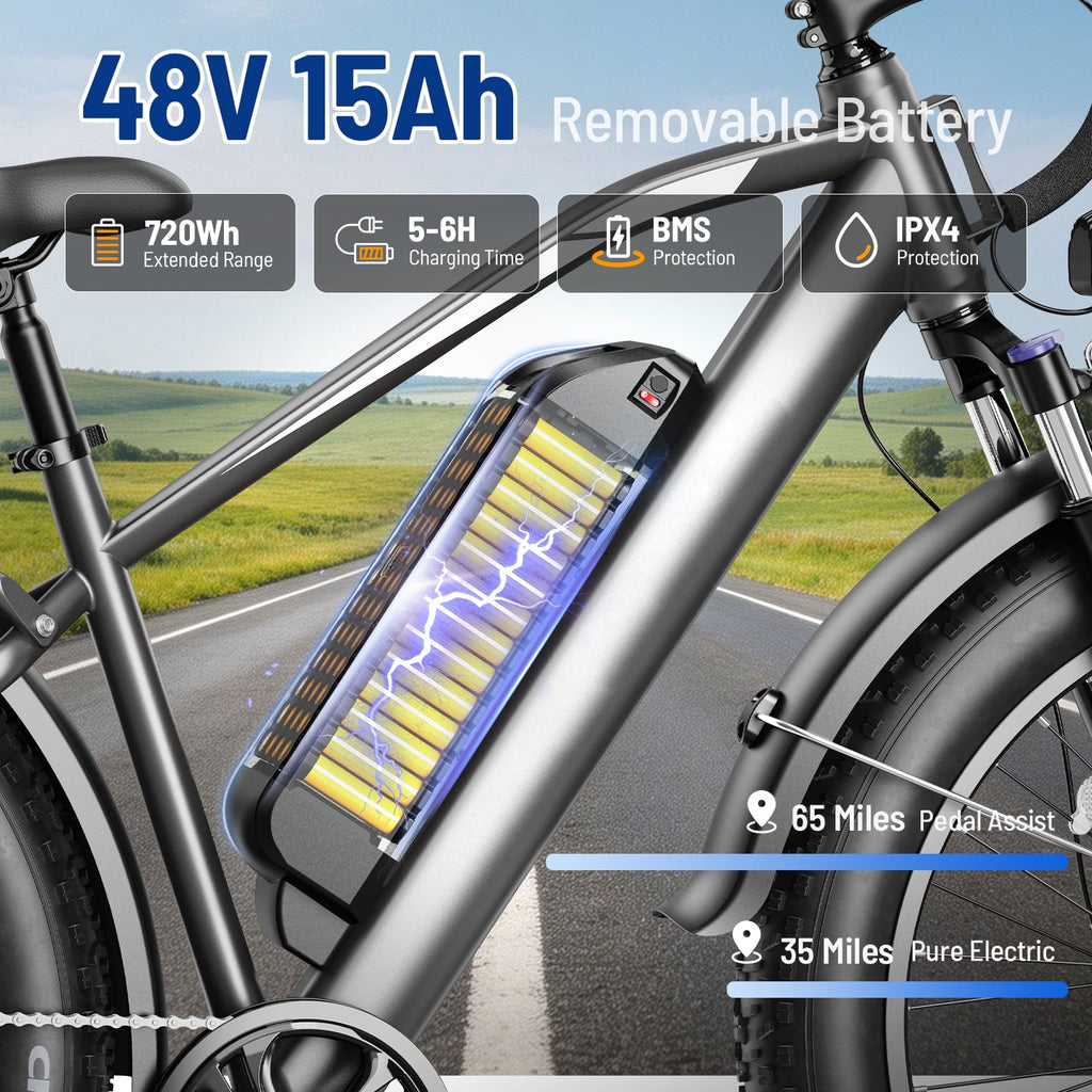 YareYi Electric Bike for Adults 26, 2000W Peak E-Mountain Bicycle, 28MPH Fat Tire Ebike, 48V 15Ah Removable Battery, 7 Speed and Front Suspension with Rear Rack UL2849