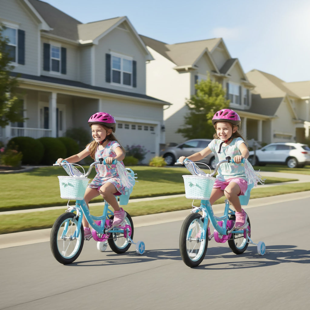 Hykolity 14 inch Girls Bike Princess Bicycle for Age 3-5 Years Old Rider Height 35-47 inch includes Training Wheel Basket Doll Seat Aqua Blue