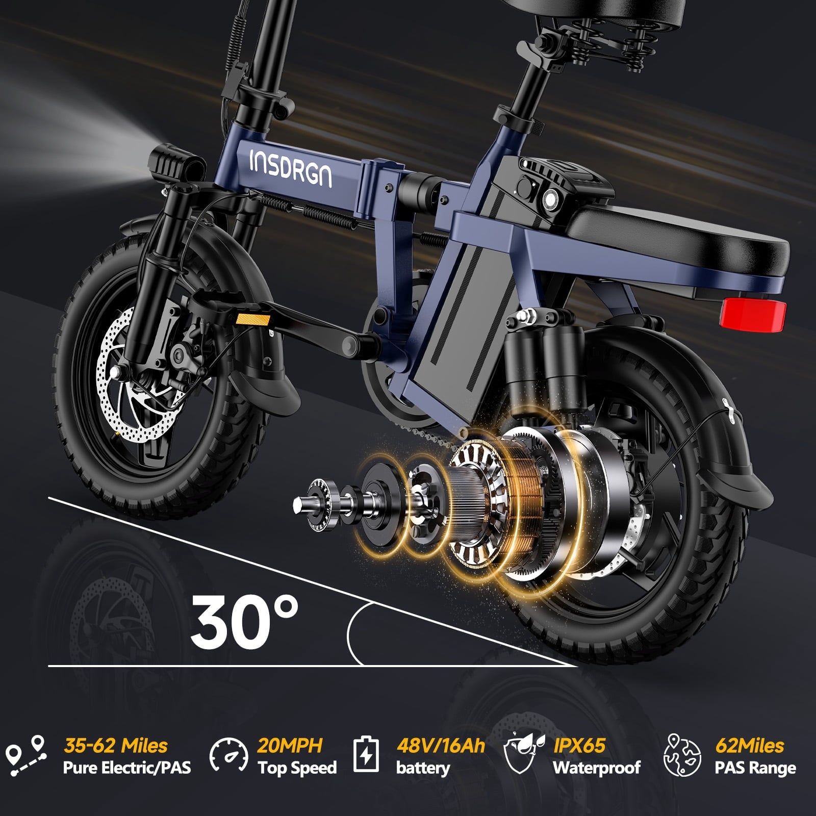 INSDRGN Folding Electric Bike for Adults Teens, 650W Peak Motor, 10.4AH 48V Battery 14 Electric Bicycles, 28 Miles Range, Mini Ebike for City Commuter, UL2849, Gray
