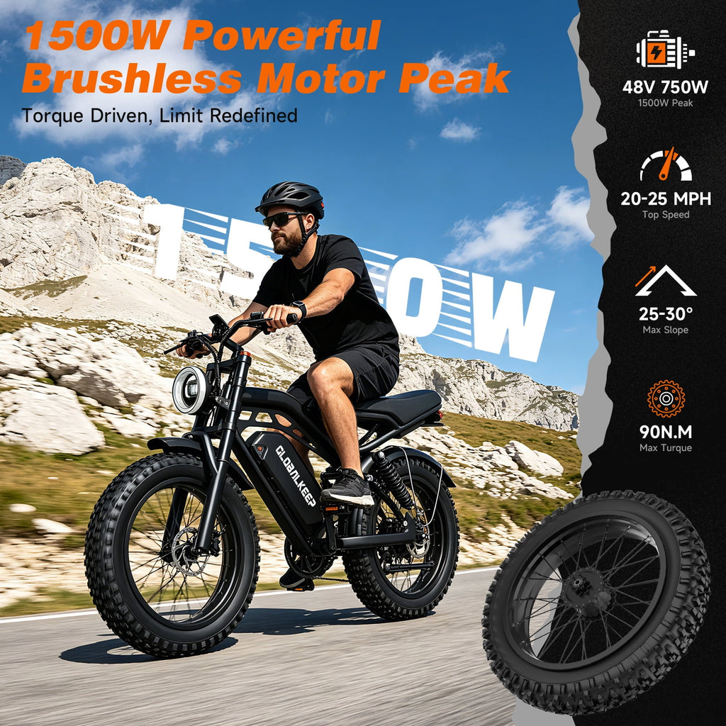 GlobalKeep Electric Mountain Bike for Adults, Peak 1500W Motor, 20x4 Fat Tire E Bicycle, 48V/15.6Ah Battery UL2849