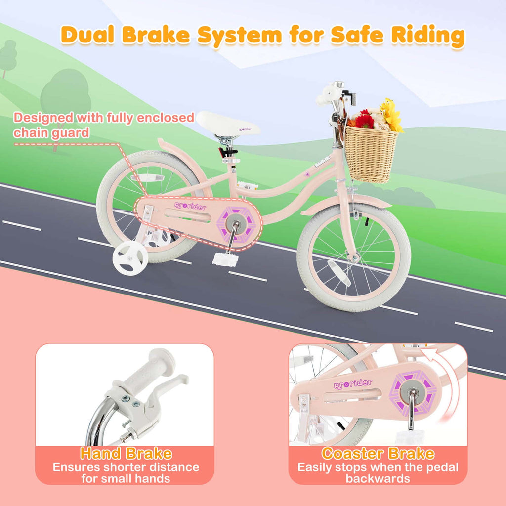 Costway 16 Kid’s Bike with Training Wheels Adjustable Handlebar Seat Handbrake Pink