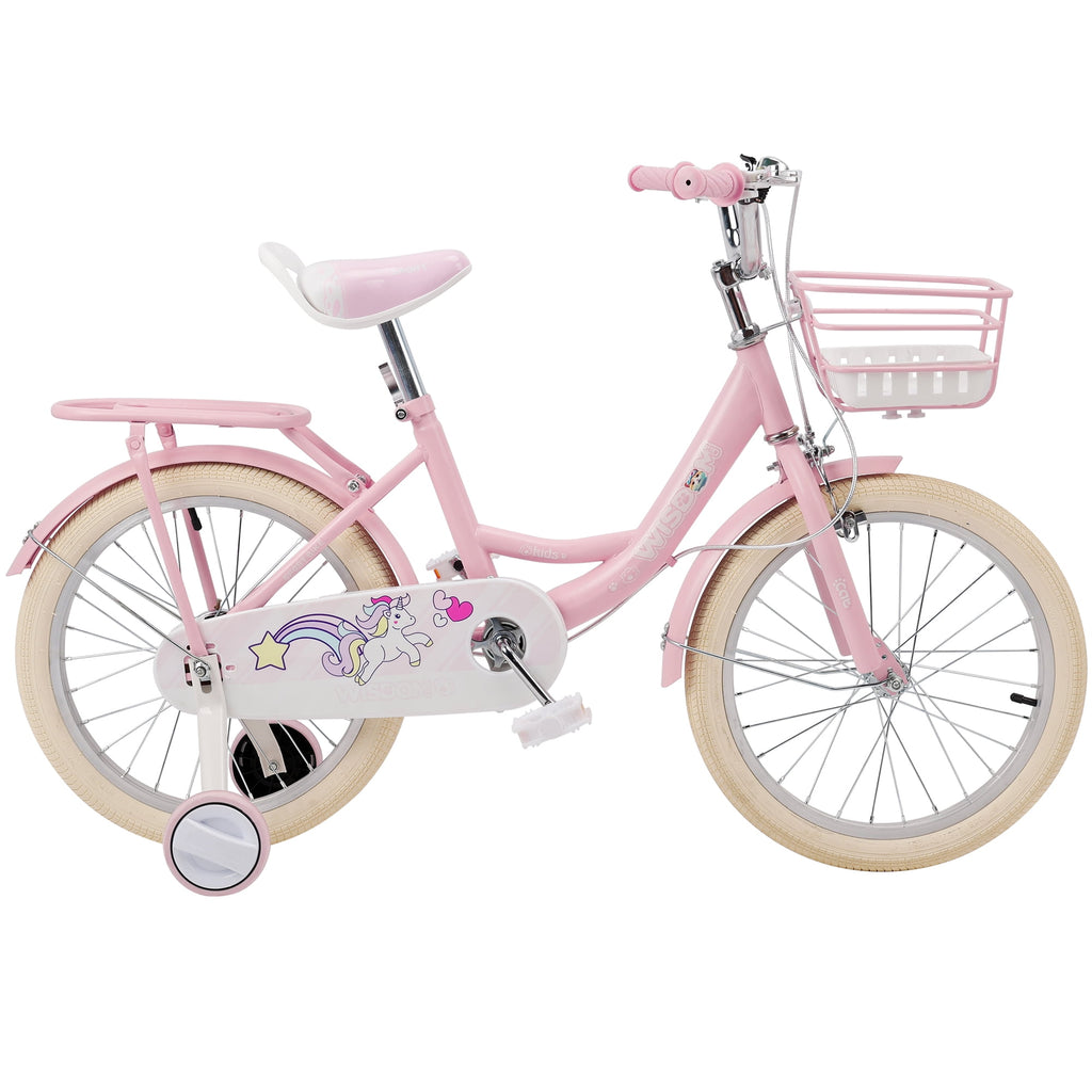 16/18 Inch Bike Kids Bicycle with Basket, Girls Bikes Ages 5-10, Kids Bicycles with Front and Rear Brakes, Kid Bike with Training Wheels, Kickstand, Rear Seat