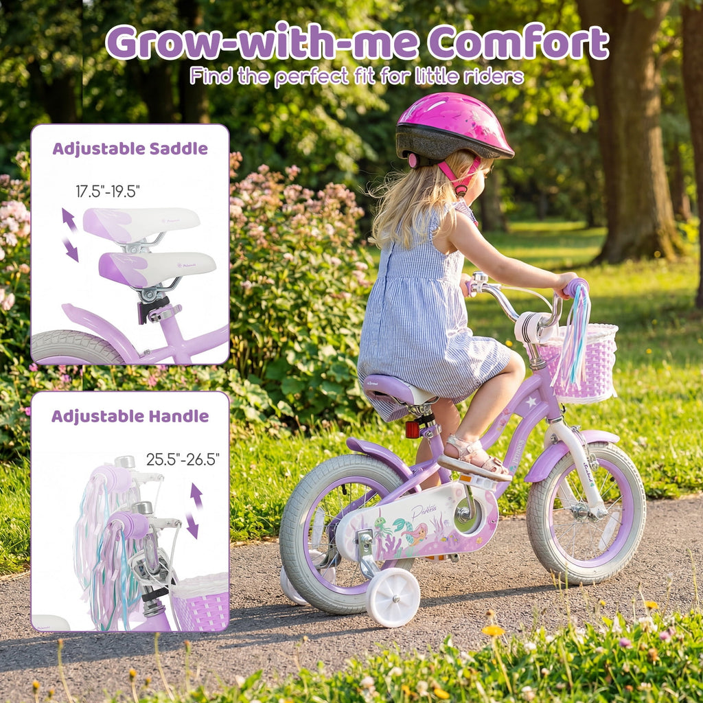 Costway 14 Kids Bike with Training Wheels Hand Coaster Brakes Adjustable Seat Handlebar Pink