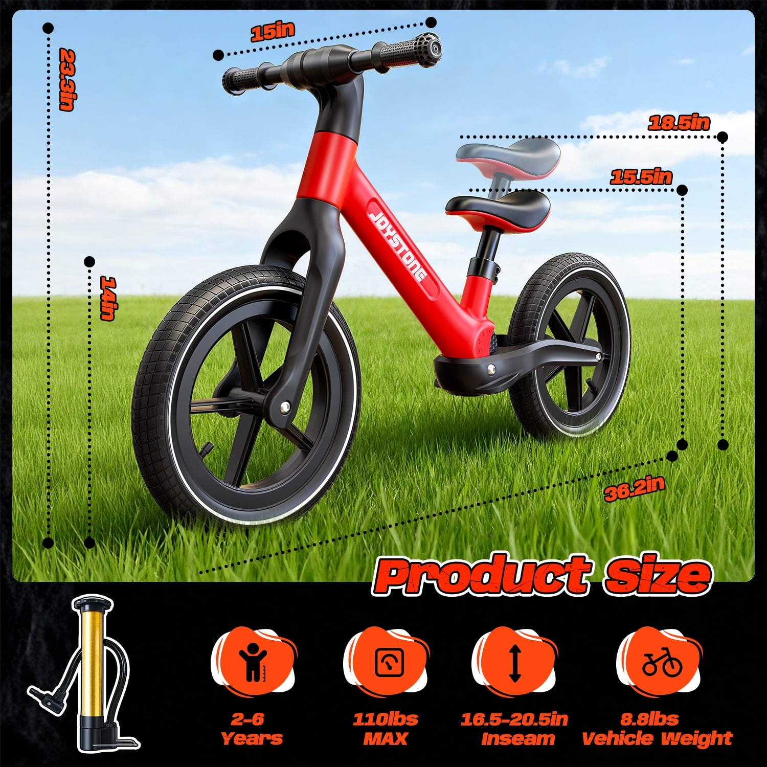 JoyStone 14 Inch Balance Bike for Kids, Toddler Balance Bike with Air Rubber Tires, Adjustable Seat, Lightweight No Pedal Training Bicycle, Gift Bike for 2-6 Boys Girls, Black