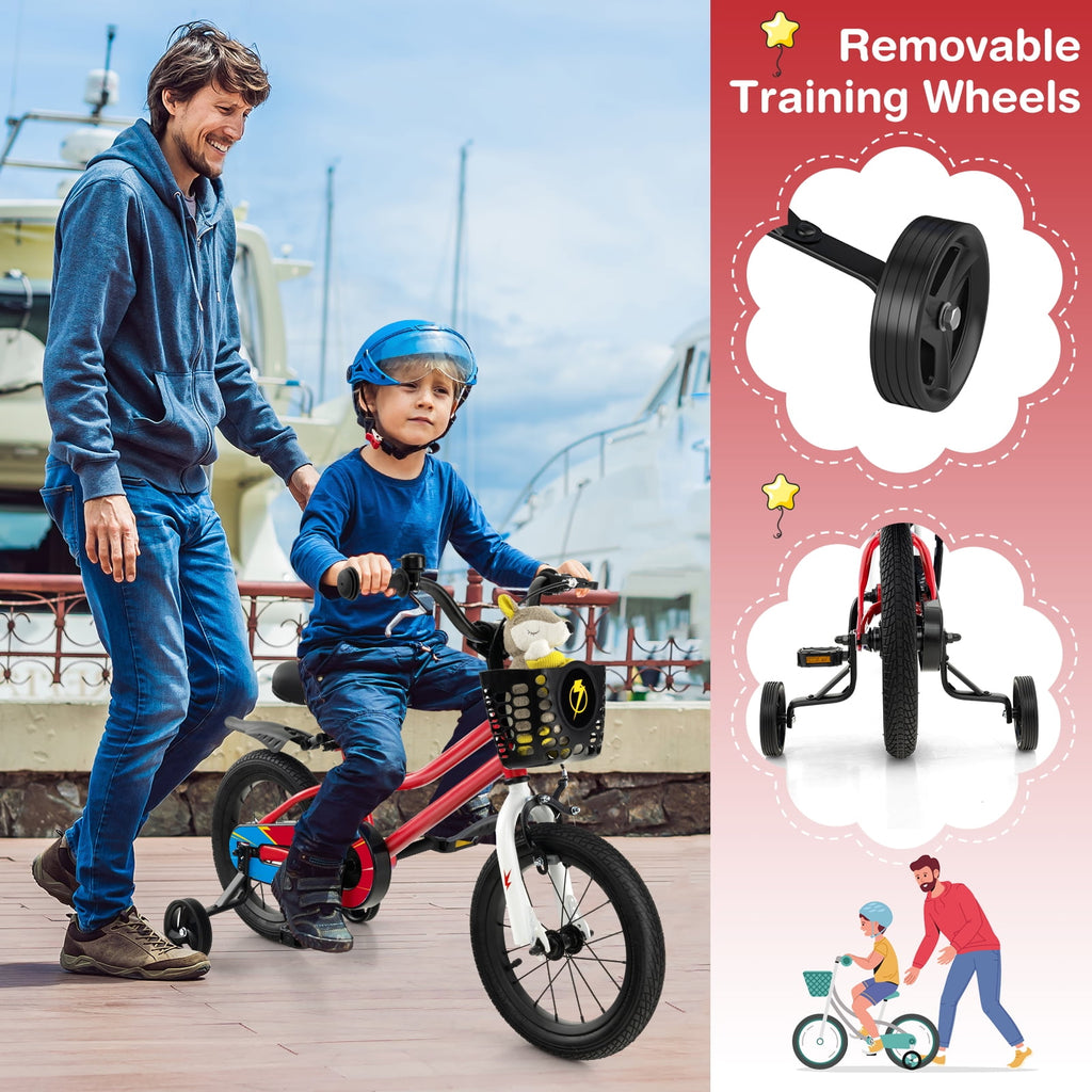 Costway 14'' Kid's Bike with Removable Training Wheels & Basket for 3-5 Years Old Blue
