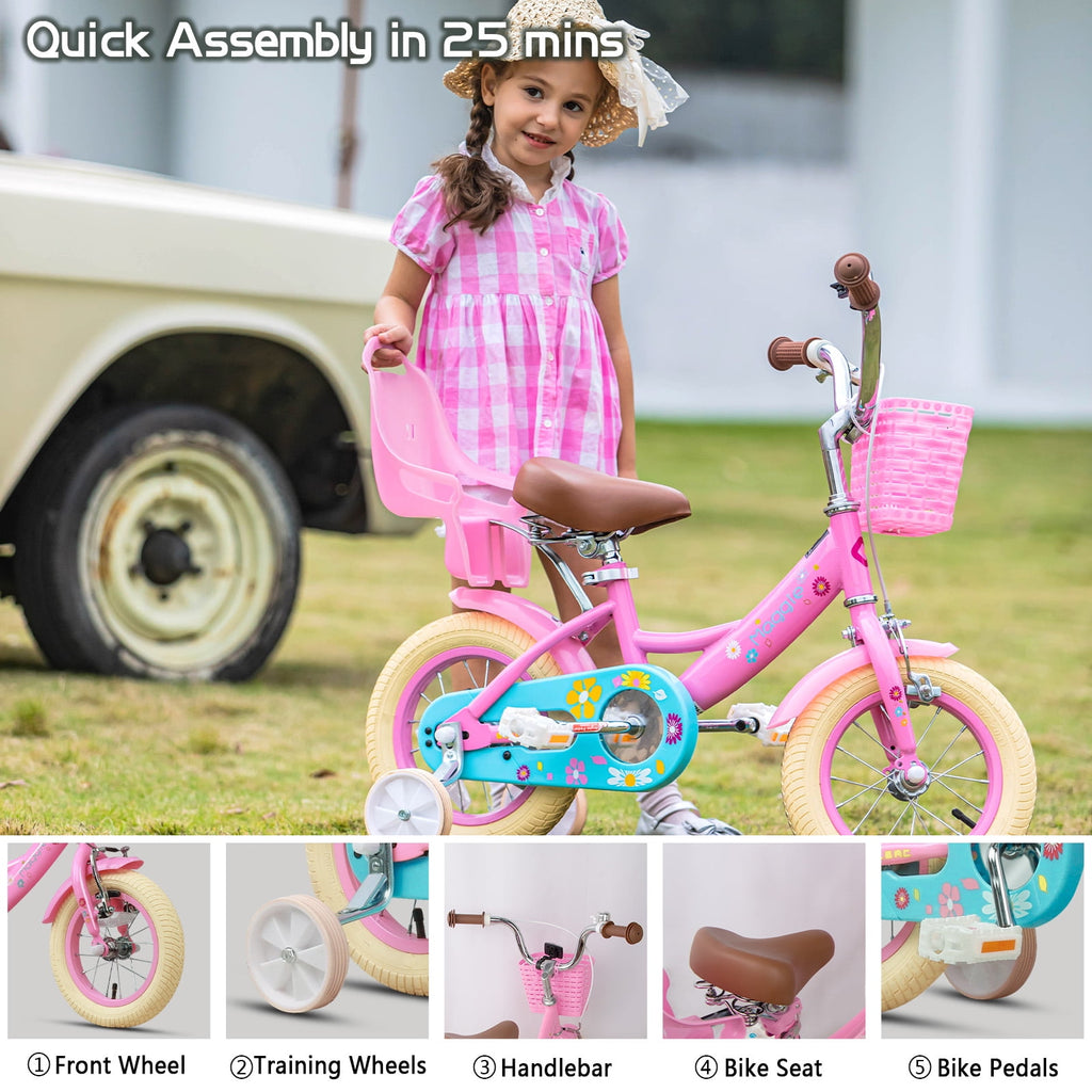 Glerc Maggie 14 inch Kids Girls Bike for Ages 3-5 Years Old Children, Princess Style Kids Bicycle with Doll-Seat & Basket & Training Wheels, Pink