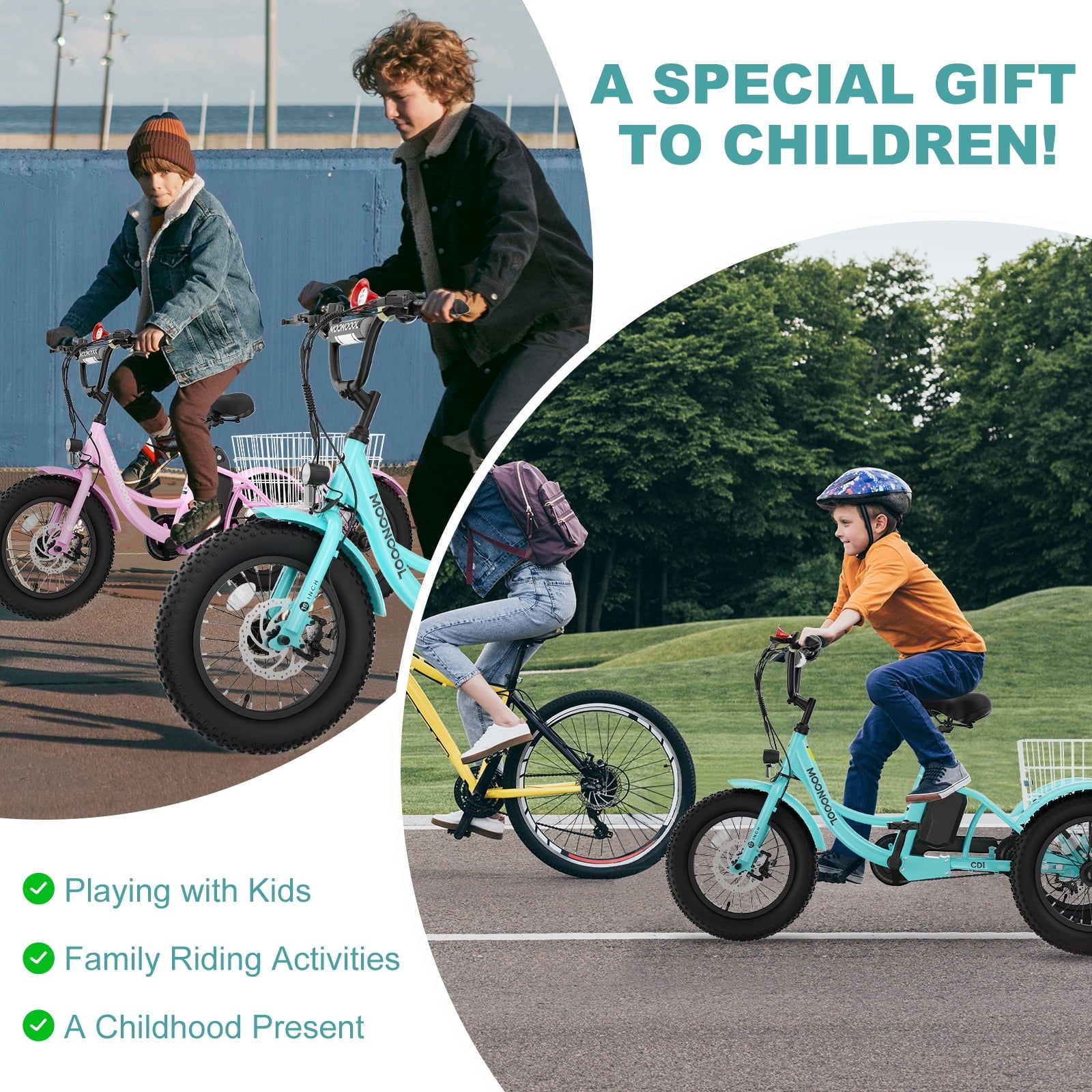 MOONCOOL Electric Tricycle for Kids ,16x3 3 Wheel 250W 10.4Ah Etrike W/ LED headlight & Rear Basket & horn bell & DIY stickers，6/9/12.5 MPH