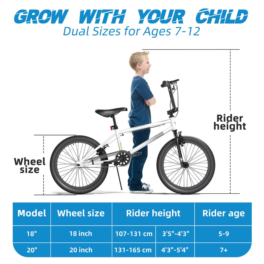 Korimefa Freestyle BMX Bikes, 18 inch Kids Bicycles for 7-12 Years Old Boys Child Tween Teen, with Aluminum Alloy U-Brake, Rear R-Brake, Hand Brake Levers & Front Rear Pedals, White