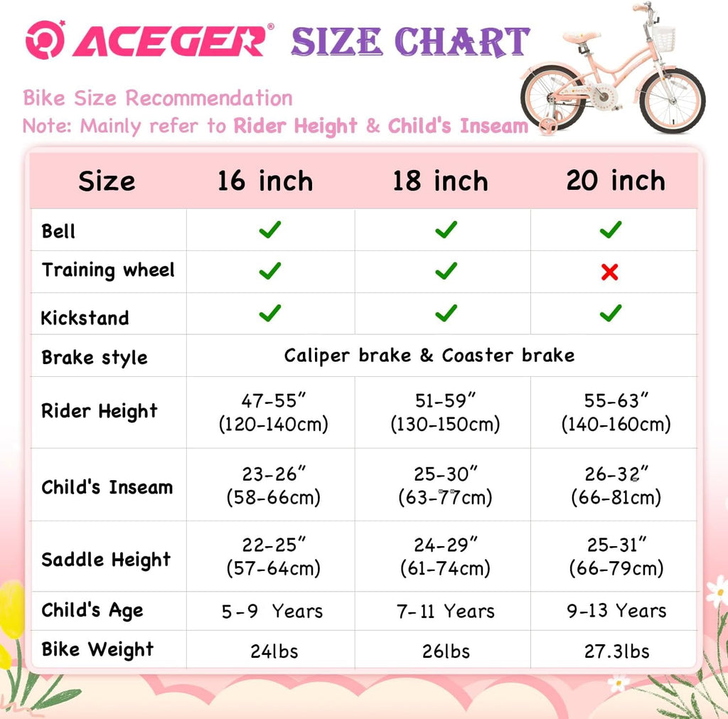 ACEGER 16 Inch Bike with Basket and Training Wheels for Girls Ages 5-9, Pink