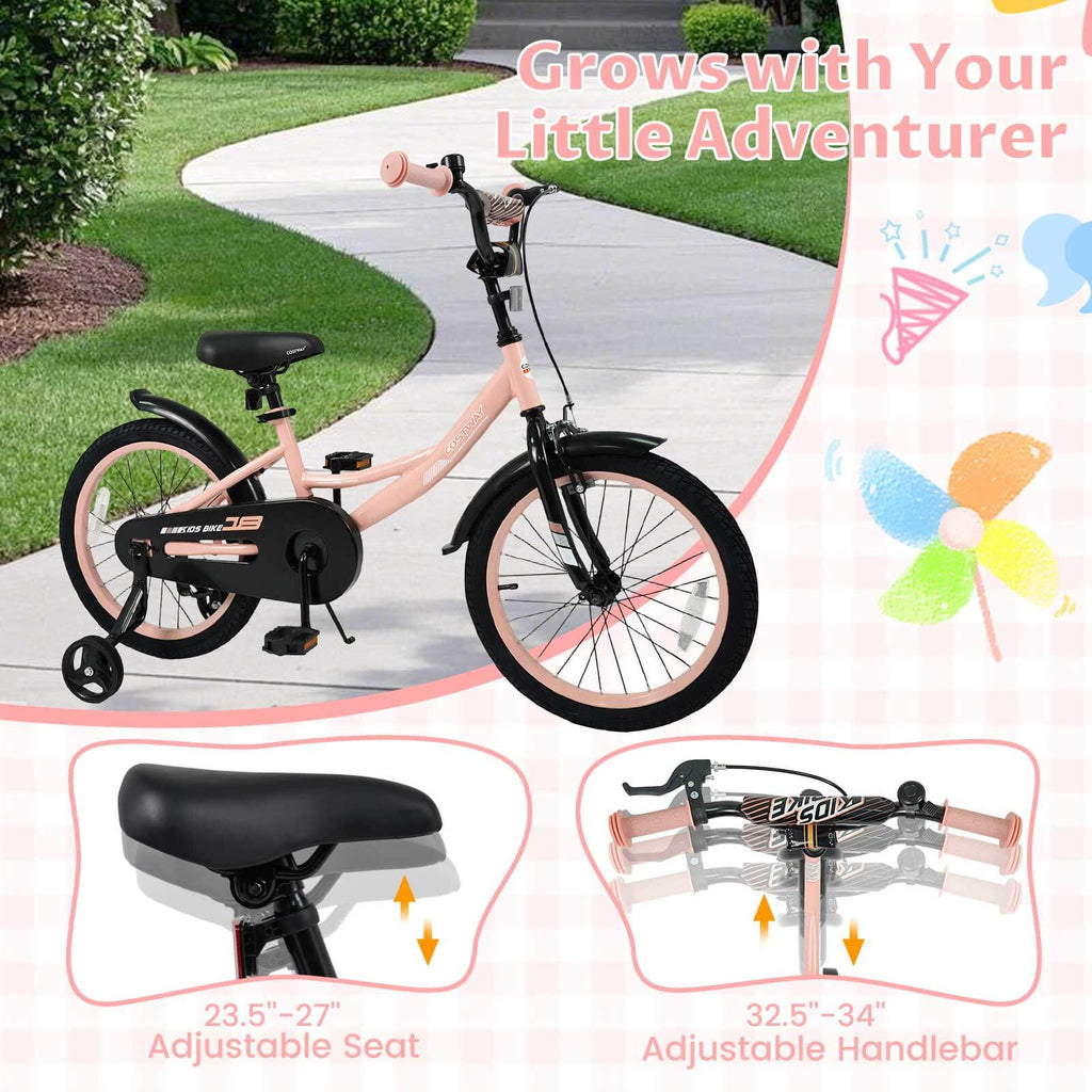 Costway 18 Inch Kids Bike with Training Wheels, Dual Brakes, Adjustable Seat & Handlebar Height Pink