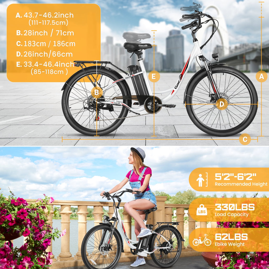 Gocio 26 Electric Bike for Adults, 500W Motor, City Commuter E-Bike, 48V 7.8Ah Removable Battery, Max 19.8Mph, 7 Speed, UL2849