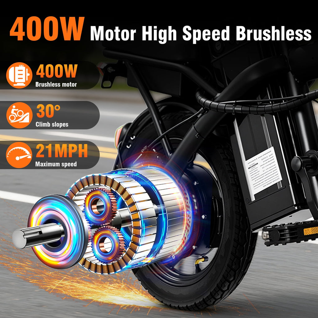 14 Inch Folding Electric Bicycle, 400W Adult Electric Bicycle, 48V 10.4Ah,Top Speed 19.9 Mph, Dual Disc Brake Safety System, 3-Speed Riding, Front Fork With Shock Absorption, Black