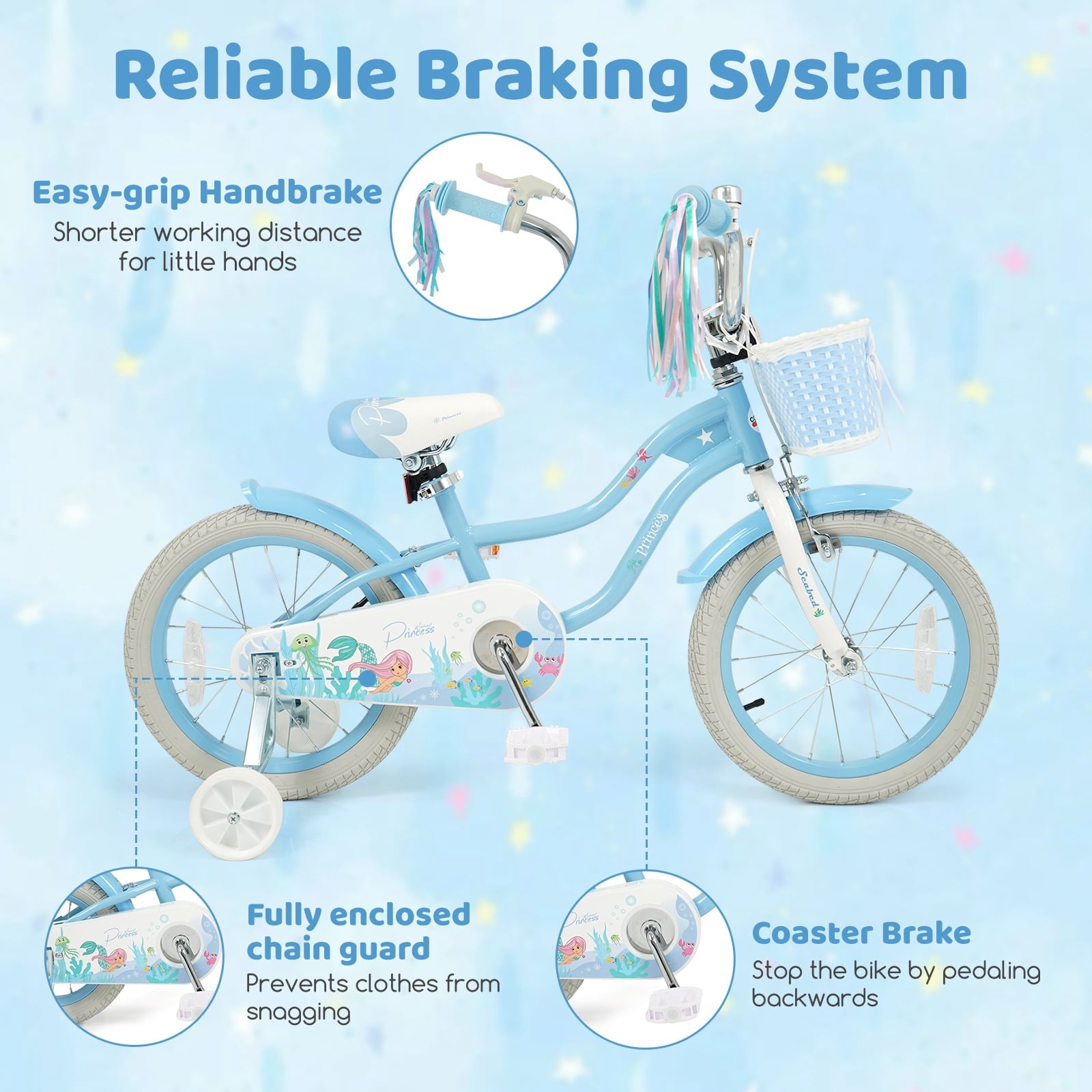 Costway 14 Kids Bike with Training Wheels Hand Coaster Brakes Adjustable Seat Handlebar Pink