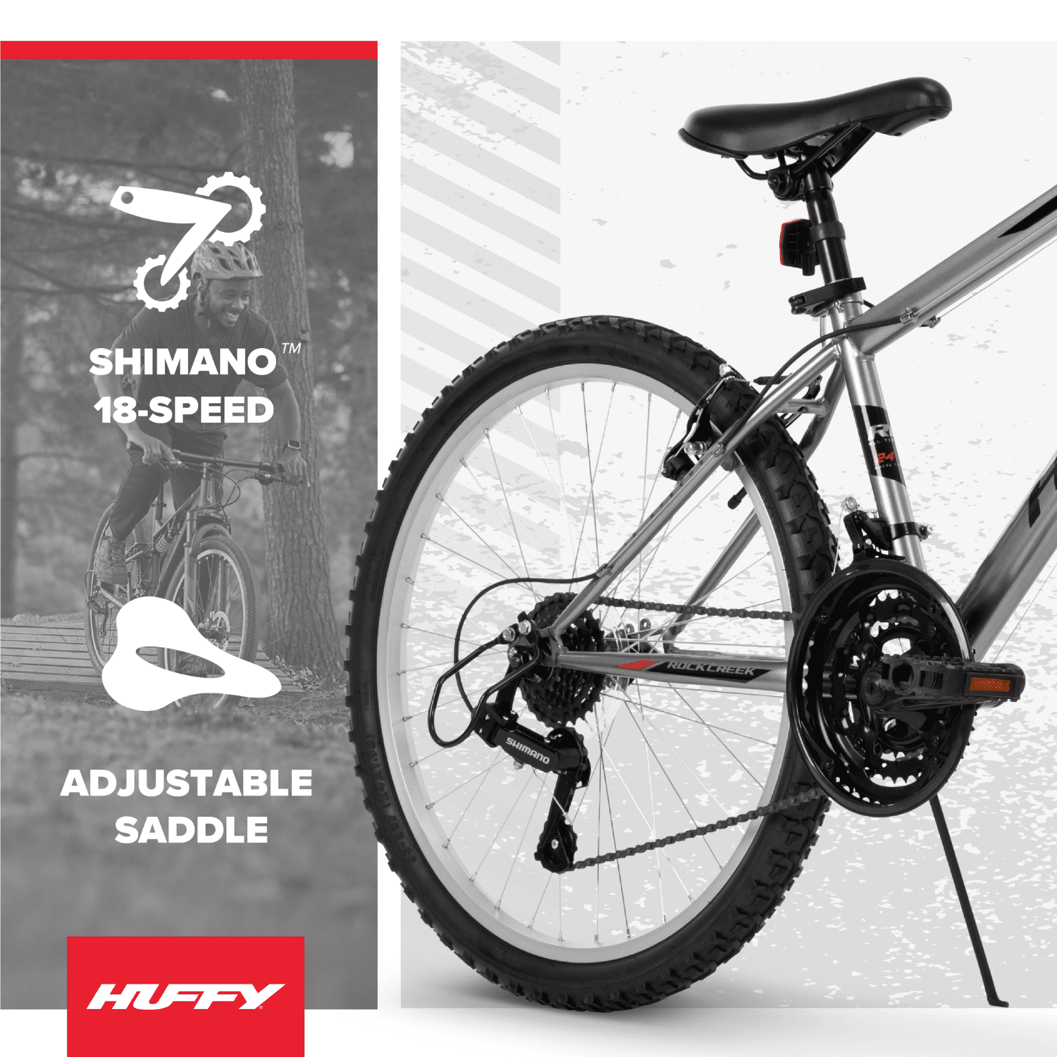 Huffy 24” Rock Creek Mountain Bike, Fits Riders 58” - 70”, Gray, Youth, Boy’s
