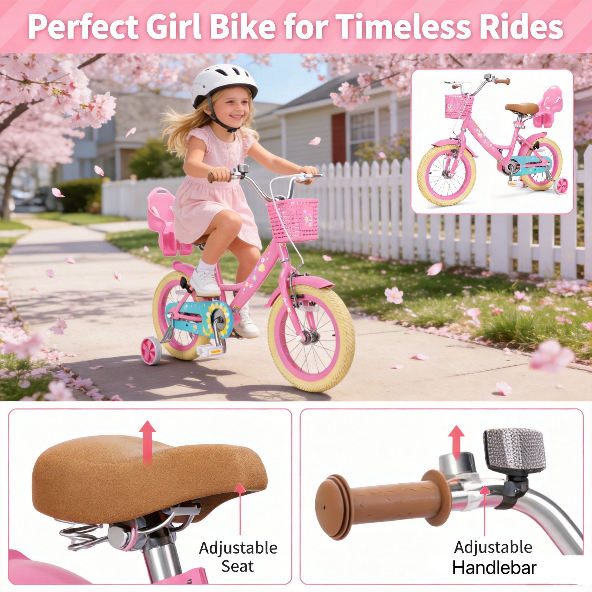 KORIMEFA Bikes for Girls 3-6 Years Old Toddlers, 12 inch Girls Bike with Training Wheels, Basket and Doll Seat, Children Bicycles with Handbrake, White