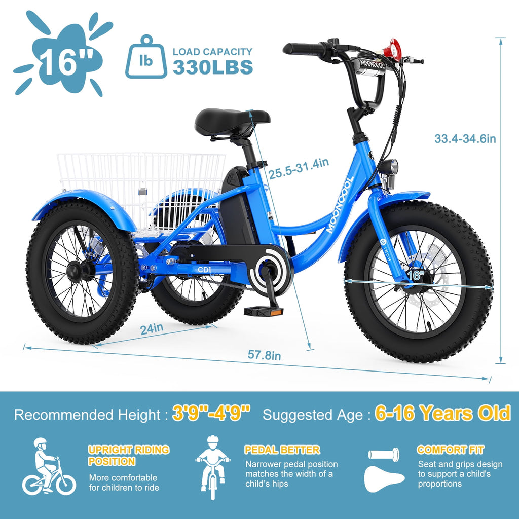 MOONCOOL Electric Tricycle for Kids ,16x3 3 Wheel 250W 10.4Ah Etrike W/ LED headlight & Rear Basket & horn bell & DIY stickers，6/9/12.5 MPH
