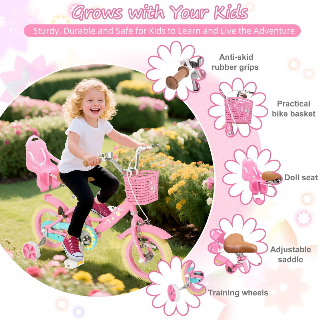 Korimefa Girls Bike for 3-9 Years Old Kids, 12 14 16 inch Kids Bike with Training Wheels, Basket and Doll Seat, Children Bicycles with Handbrake, Pink