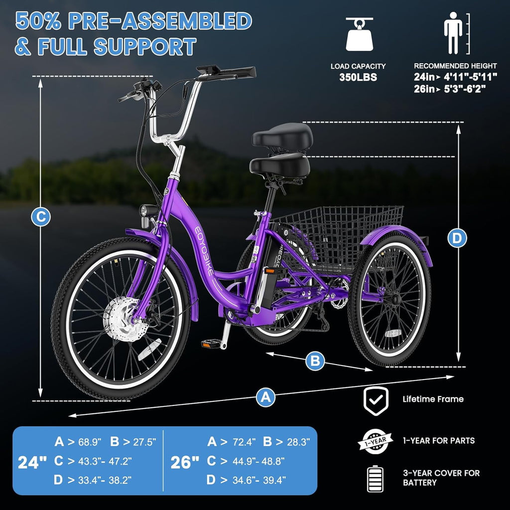 MOONCOOL Electric Trike for Adults w/ Rearview Mirror kit, 700W Peak Motor 10.4Ah battery，24/26 7 Speeds 3 Wheels Low Step Through Unisex Electric Trikes，35-60Miles