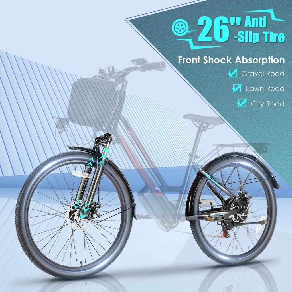 Elifine 500W Electric Bike for Adults, 26 Commuter Electric Bicycle 19.8mph City Ebike with 5 Riding Modes, 48V 7.8Ah Removable Battery UL 2849, LCD Intelligent Display Hybrid Electric Bike Red