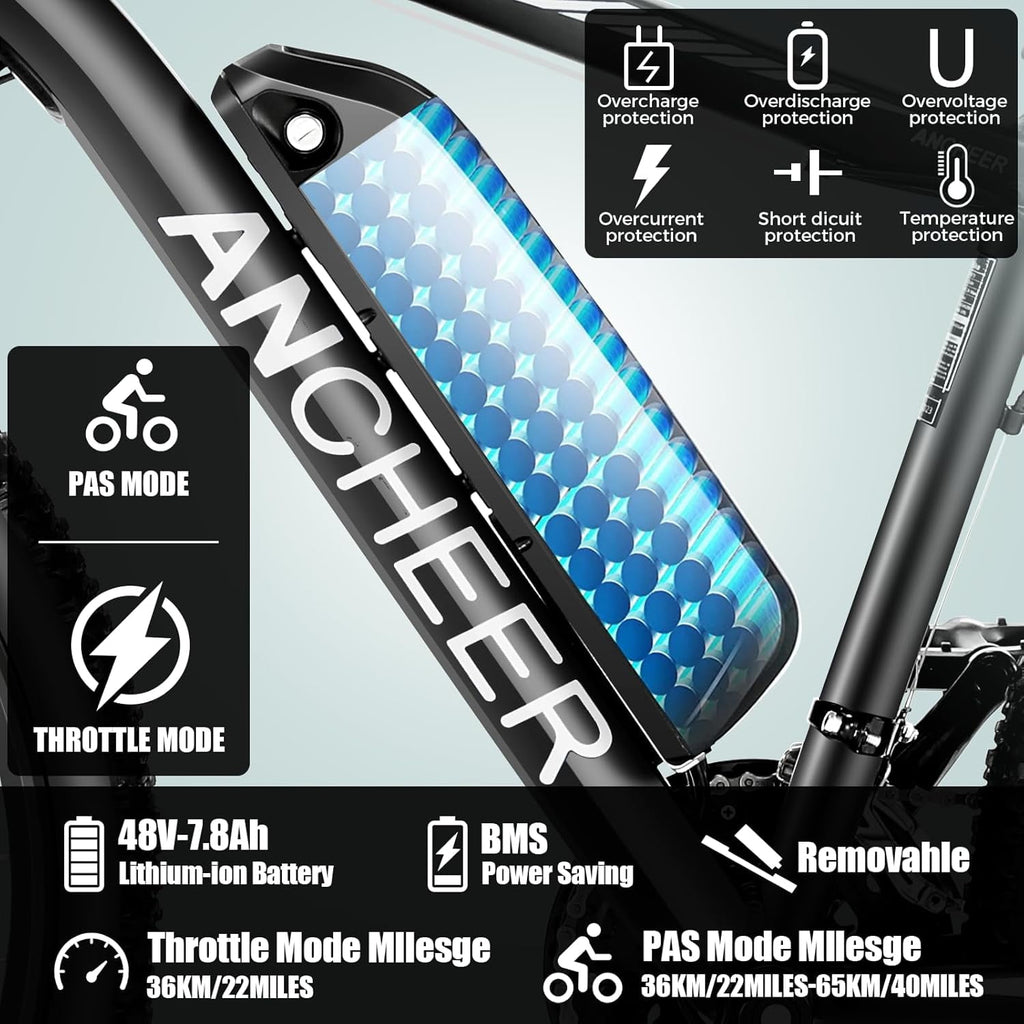 ANCHEER Electric Bike ,26 Electric Bike for Adults Electric Bicycles, 500W Electric Mountain Bike, 48V Commuter Ebike 48V Battery Ebike UL 2849, Lockable Suspension Fork, Shimano 21 Speed
