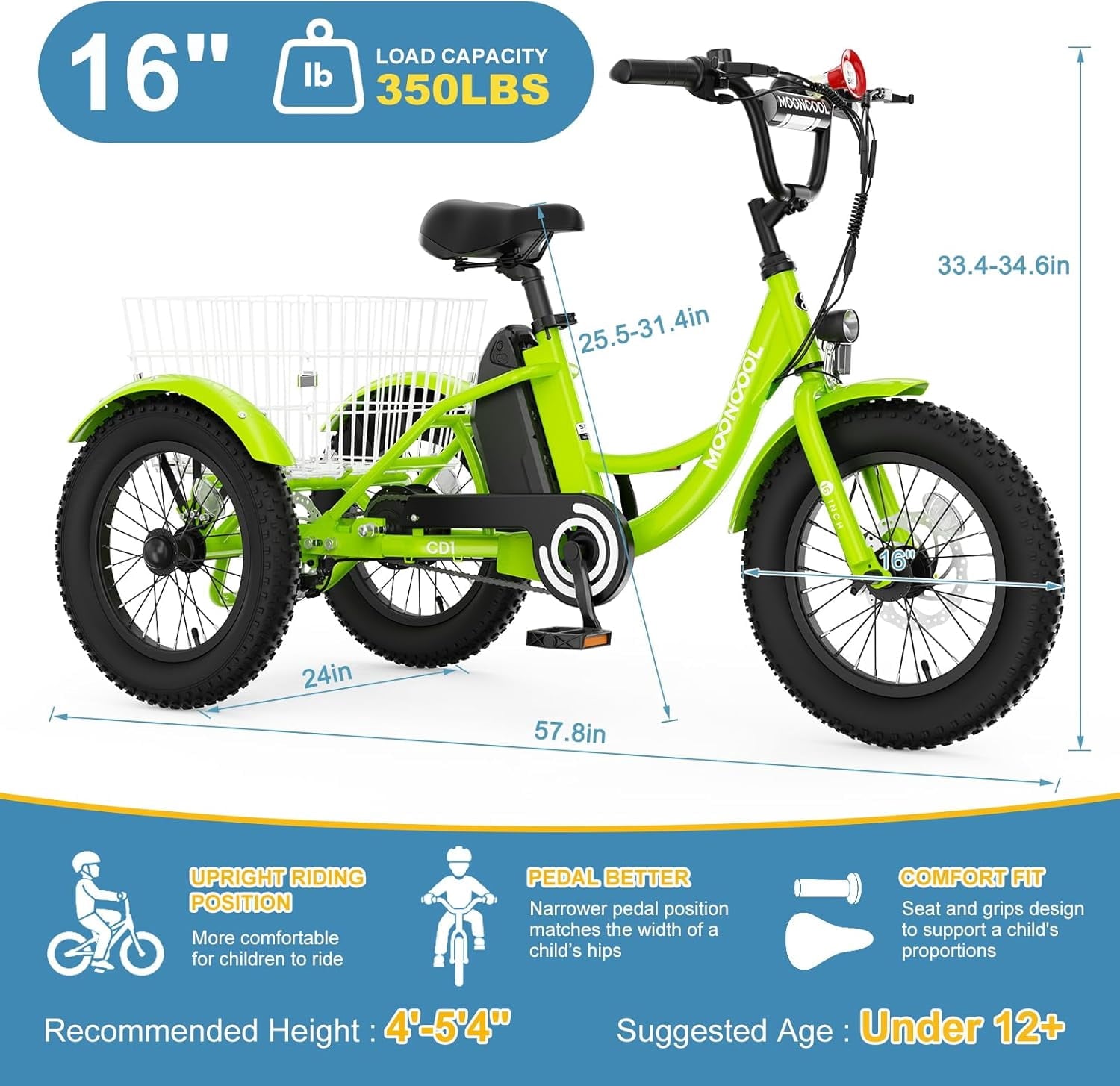 MOONCOOL Electric Tricycle for Kids ,16x3 3 Wheel 250W 10.4Ah Etrike W/ LED headlight & Rear Basket & horn bell & DIY stickers，6/9/12.5 MPH