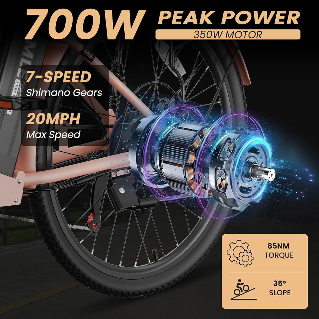 MOONCOOL Electric Bicycle for Adults 350W , 7-Speed Ebike with 36V 10.4Ah Removable Battery， 40 Miles Range , 20 mph Electric Commuter Bike for Women Men