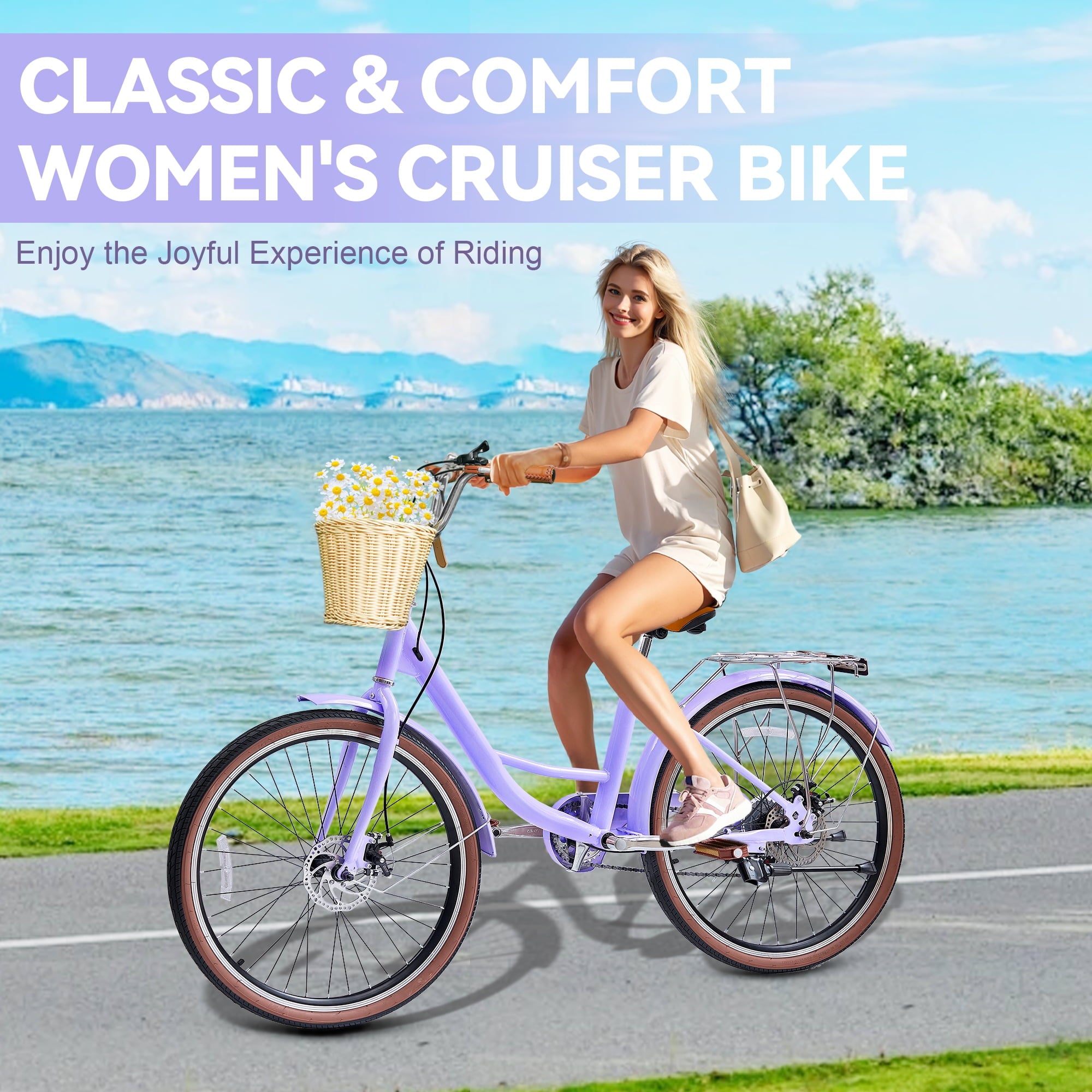24 Beach Cruisers for Women, Pipleo Bikes for Women with Rattan Basket, 7-Speed & Step-Through Frame