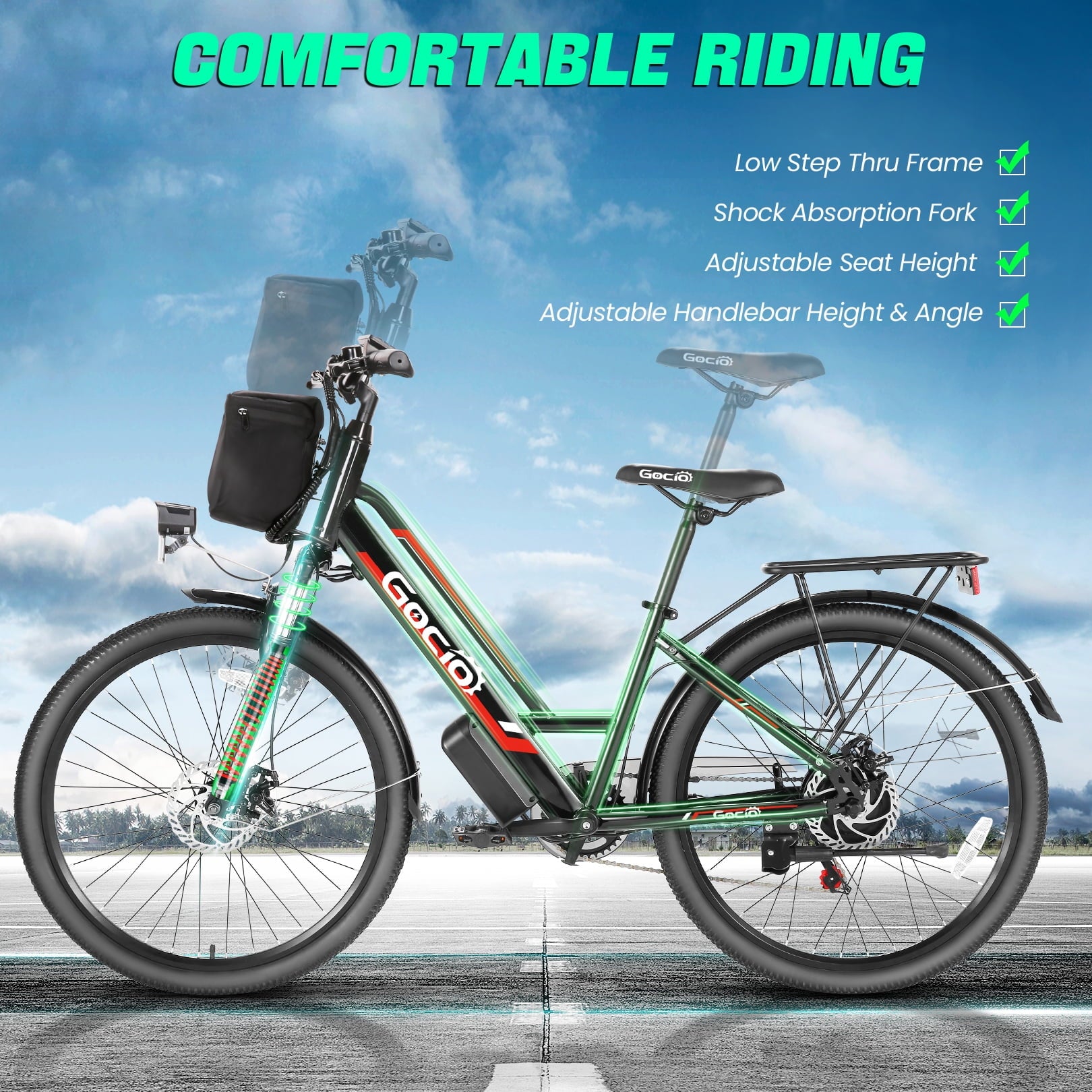 Gocio UL2849 Certified 26 Electric Bike for Adults, 750W Peak Motor, 48V 7.8Ah Battery, 19.8 mph 7-Speed Commuter Ebike with Disc Brakes