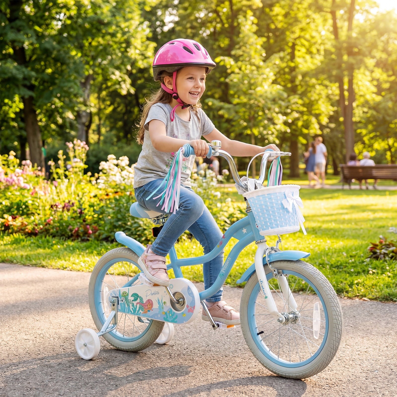 Costway 14 Kids Bike with Training Wheels Hand Coaster Brakes Adjustable Seat Handlebar Pink