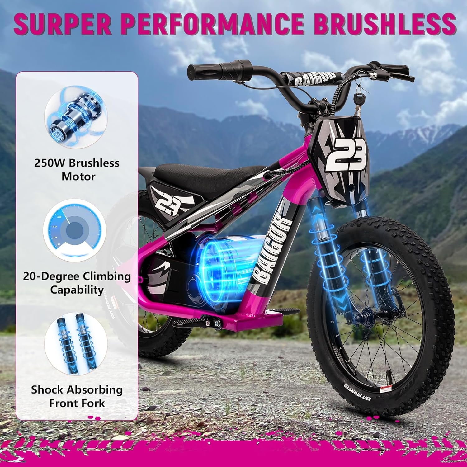 NEORIVER Electric Dirt Bike for Kids Ages 6-12, 250W Electric Motorcycle Up to 15.5MPH, 24V Detachable Battery, 16'' Inflatable Tire Electric Balance Bike with Kickstand