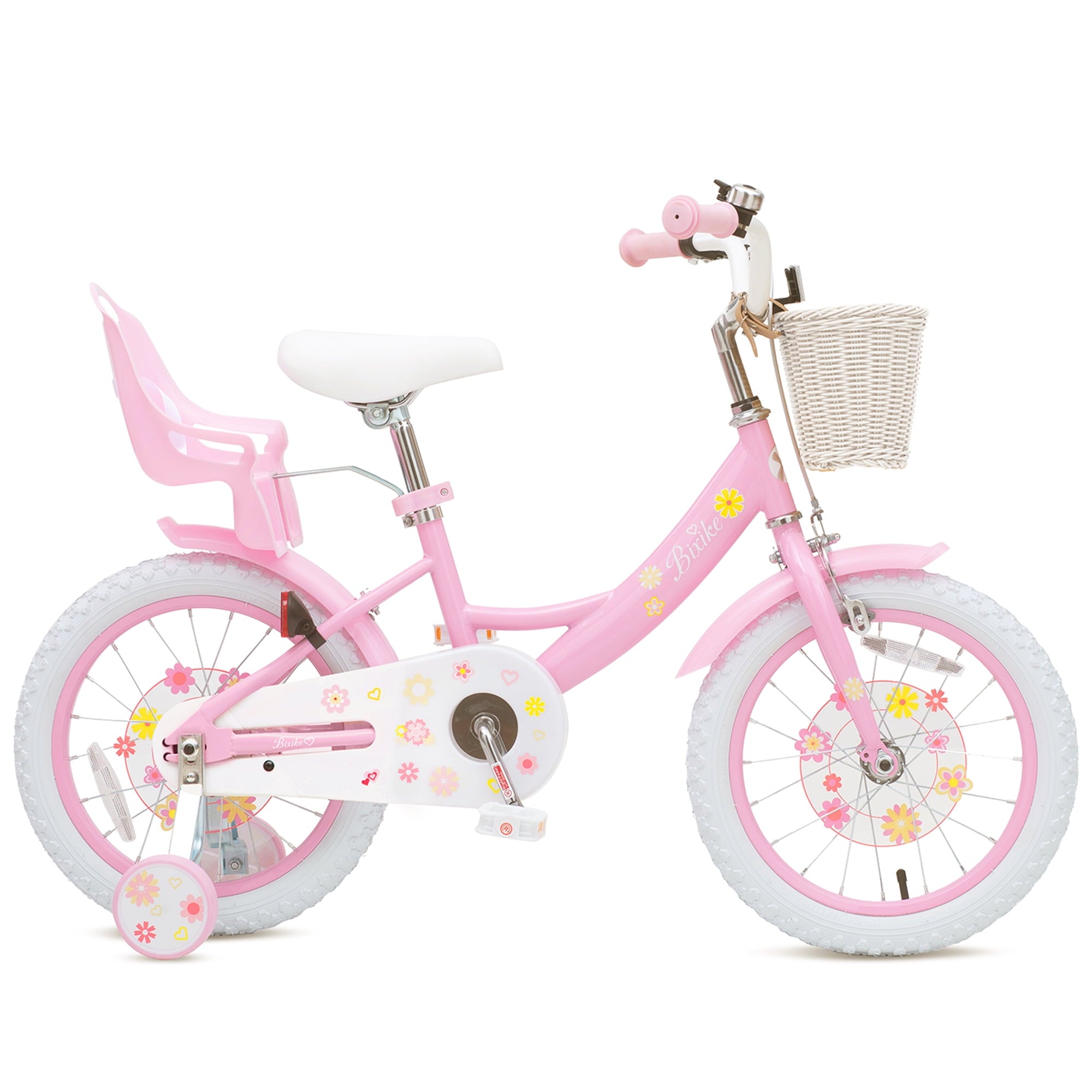 ACEGER 14 Inch Girls Bike with Basket, Training Wheels, Doll Seat, Purple Kids Bicycle for Ages 3-5