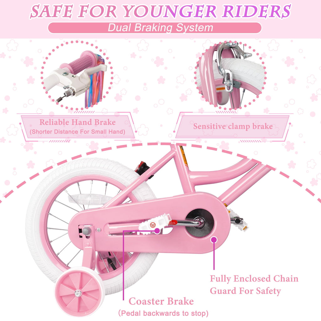 XJD Girls Bike for Toddlers 3-9 Years Old Kids, 16 Inch Kids Bike with Training Wheels, Streamers, Basket and Doll Seat, Children Bicycles with Handbrake