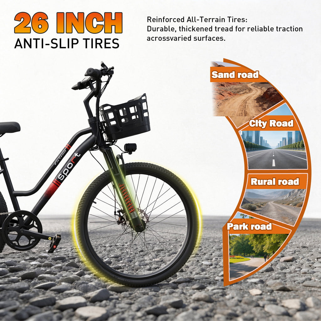 OwnGold 26 Electric Bike for Adults, 500W Peak Motor, 20MPH, 35+ Miles Range, 432Wh Battery, Commuter Ebike with Basket, 7-Speed, Lightweight, UL2849 Certified