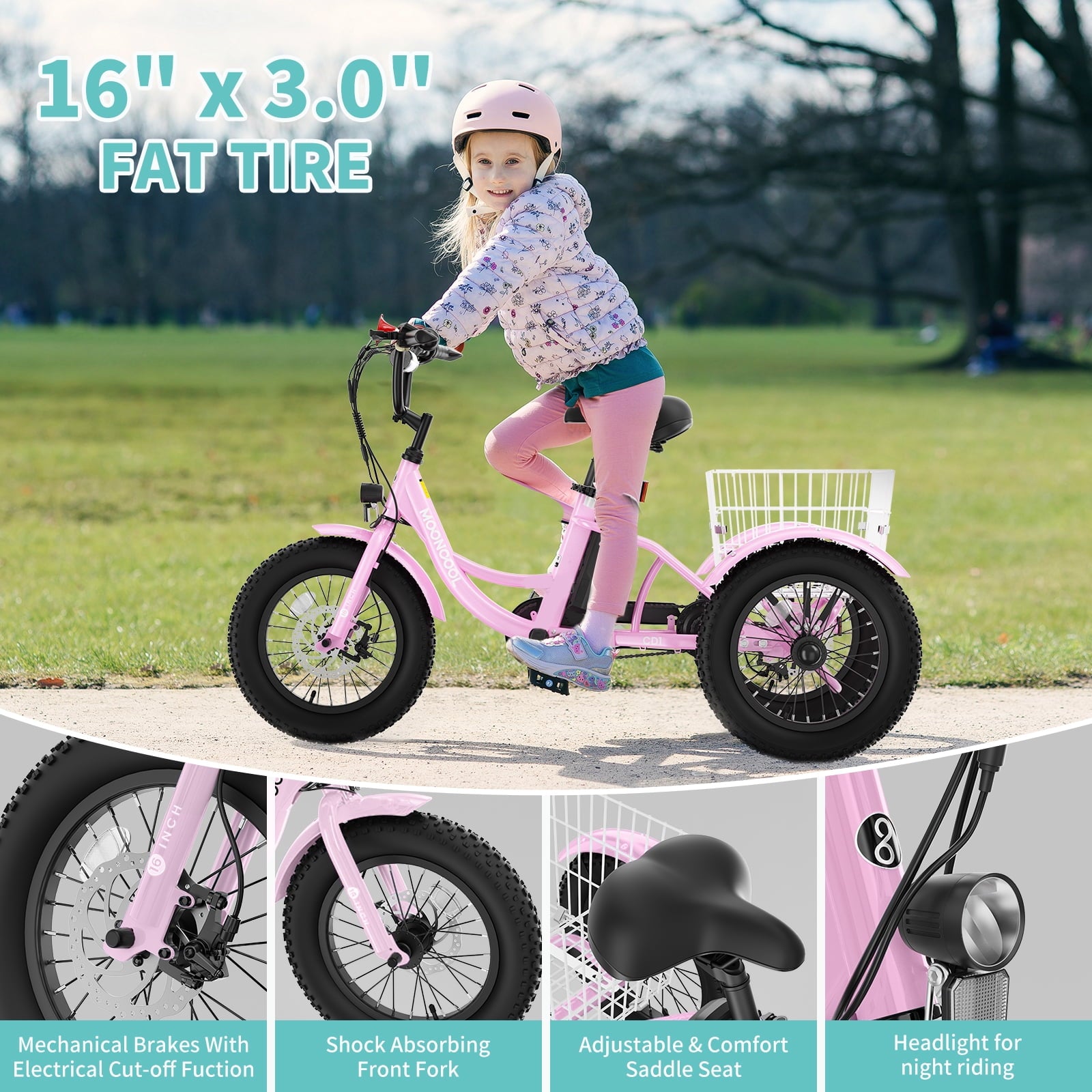 MOONCOOL Electric Tricycle for Kids ,16x3 3 Wheel 250W 10.4Ah Etrike W/ LED headlight & Rear Basket & horn bell & DIY stickers，6/9/12.5 MPH