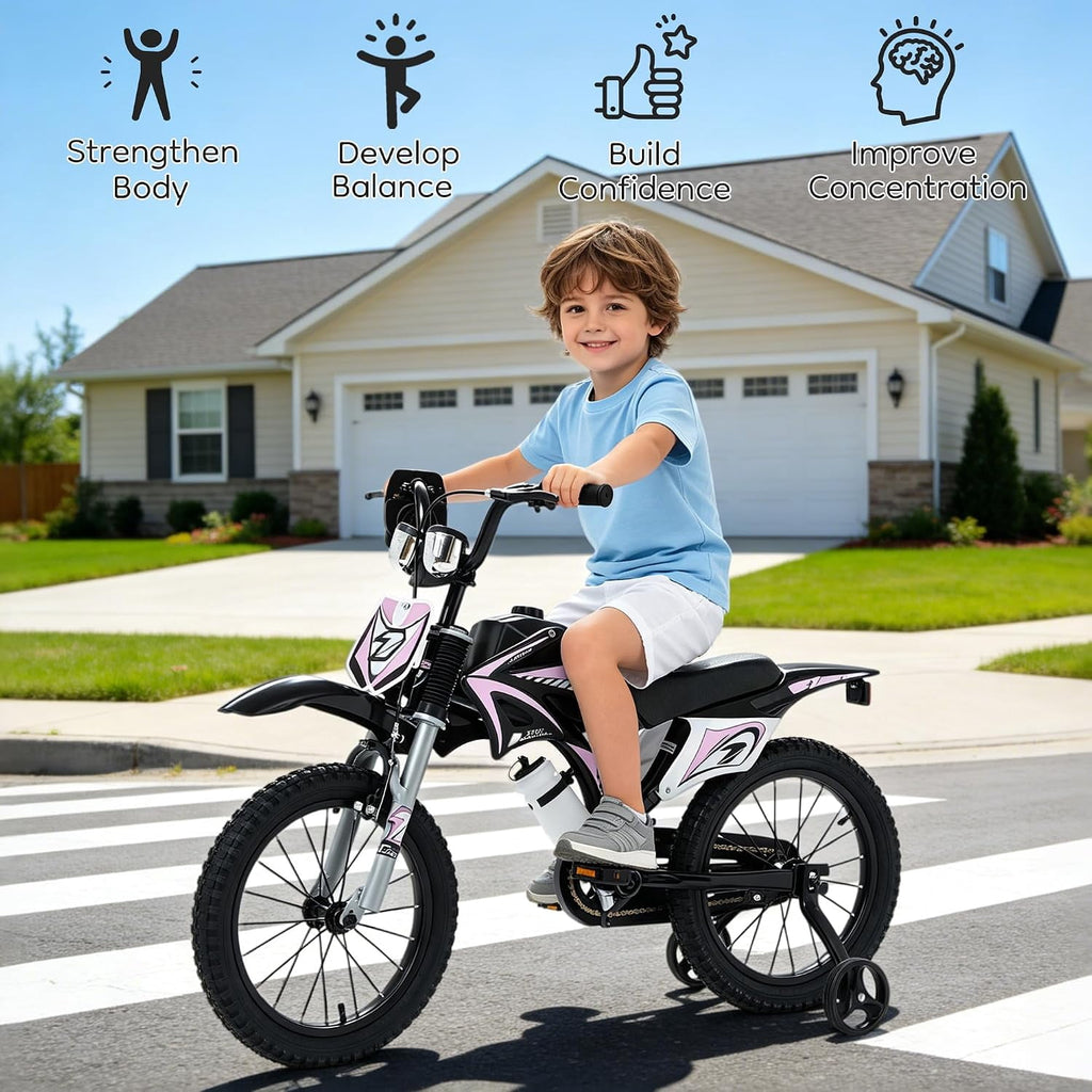 NEORIVER 16 Inch Motocross Style Kids Bike – Training Wheels, Sound Horn, Number Plate & Dashboard Included – Easy Assembly – Ages 3-12 Boys Girls
