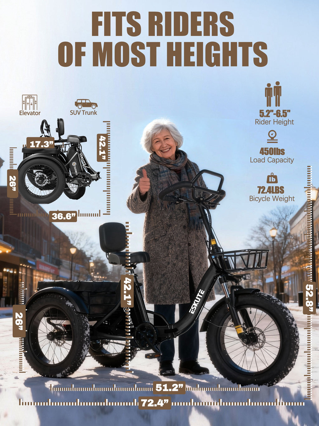 ESKUTE T300 Pro Electric Tricycle for Adults, E Trike, 1200W Peak Motor, 998.4Wh Battery, 20 x 4.0 Fat Tires, Foldable 3 Wheel Electric Bike, Stable Ride for Seniors & Parents Black, UL2849