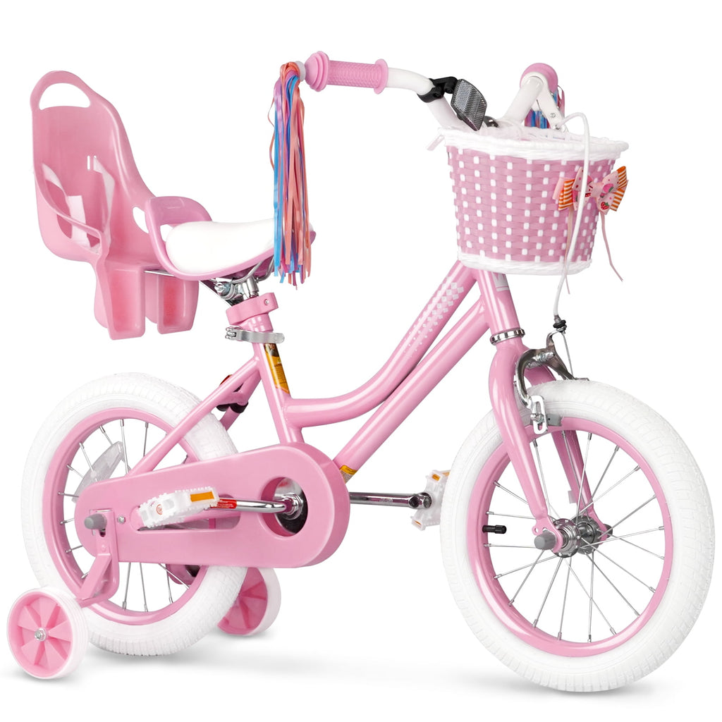 XJD Girls Bike for Toddlers 3-9 Years Old Kids, 16 Inch Kids Bike with Training Wheels, Streamers, Basket and Doll Seat, Children Bicycles with Handbrake