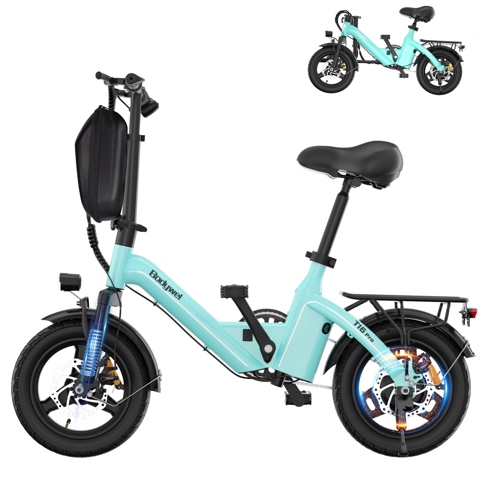 Bodywel Foldable Electric Bike for Adults and Teens, 14 Electric Bicycle with Peak 500W Motor, 36V 10Ah Battery, Commuting Mini Ebike, E Bike, UL2849