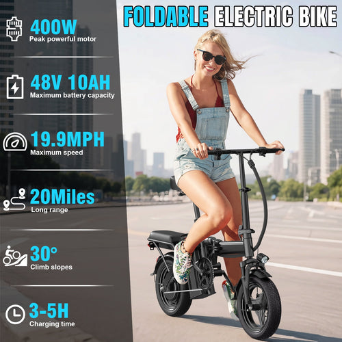 14 Inch Folding Electric Bicycle, 400W Adult Electric Bicycle, 48V 10.4Ah,Top Speed 19.9 Mph, Dual Disc Brake Safety System, 3-Speed Riding, Front Fork With Shock Absorption, Black
