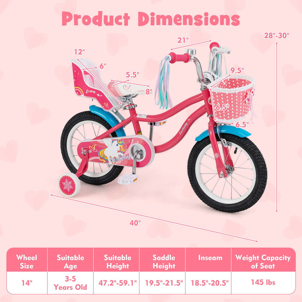 Costway 18 Inches Kids Bicycle with Training Wheels & Basket for Girls Age 4-8 Years Pink