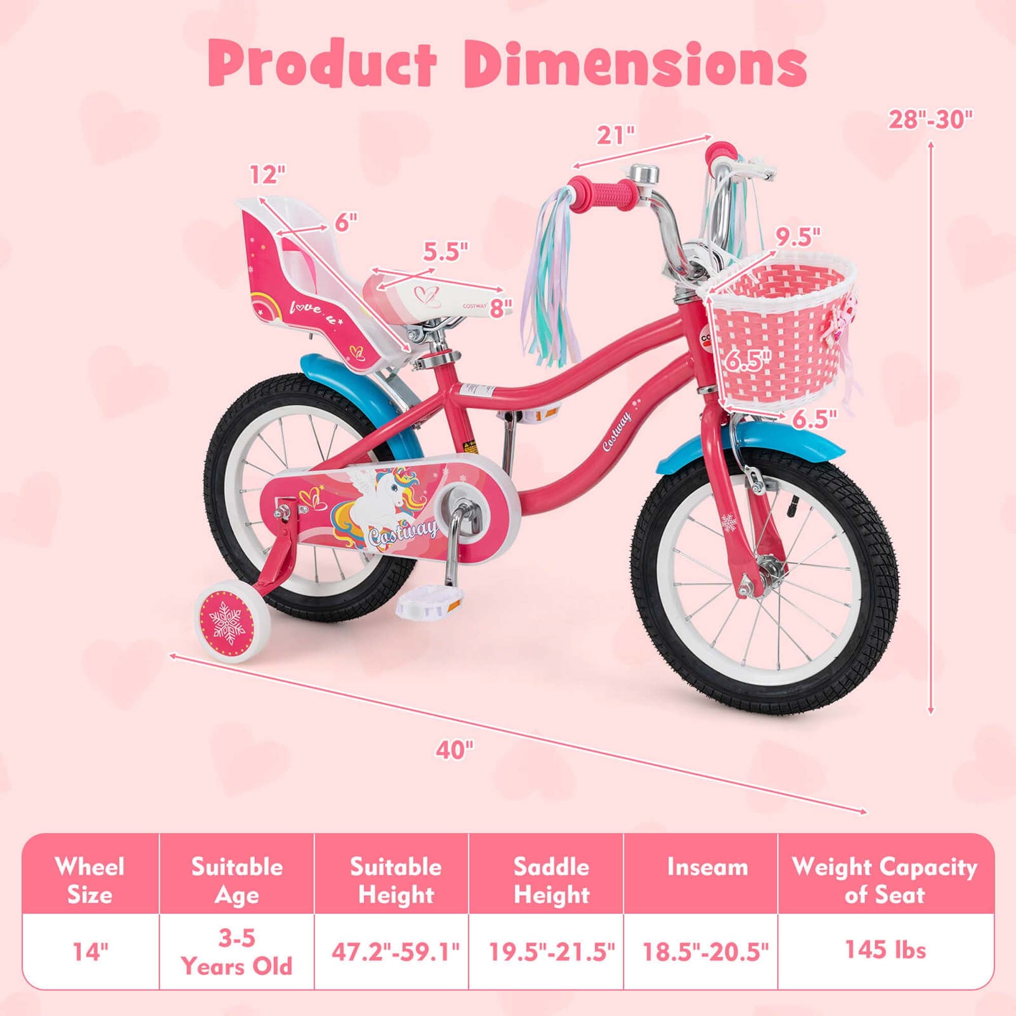 Costway 18 Inches Kids Bicycle with Training Wheels & Basket for Girls Age 4-8 Years Pink