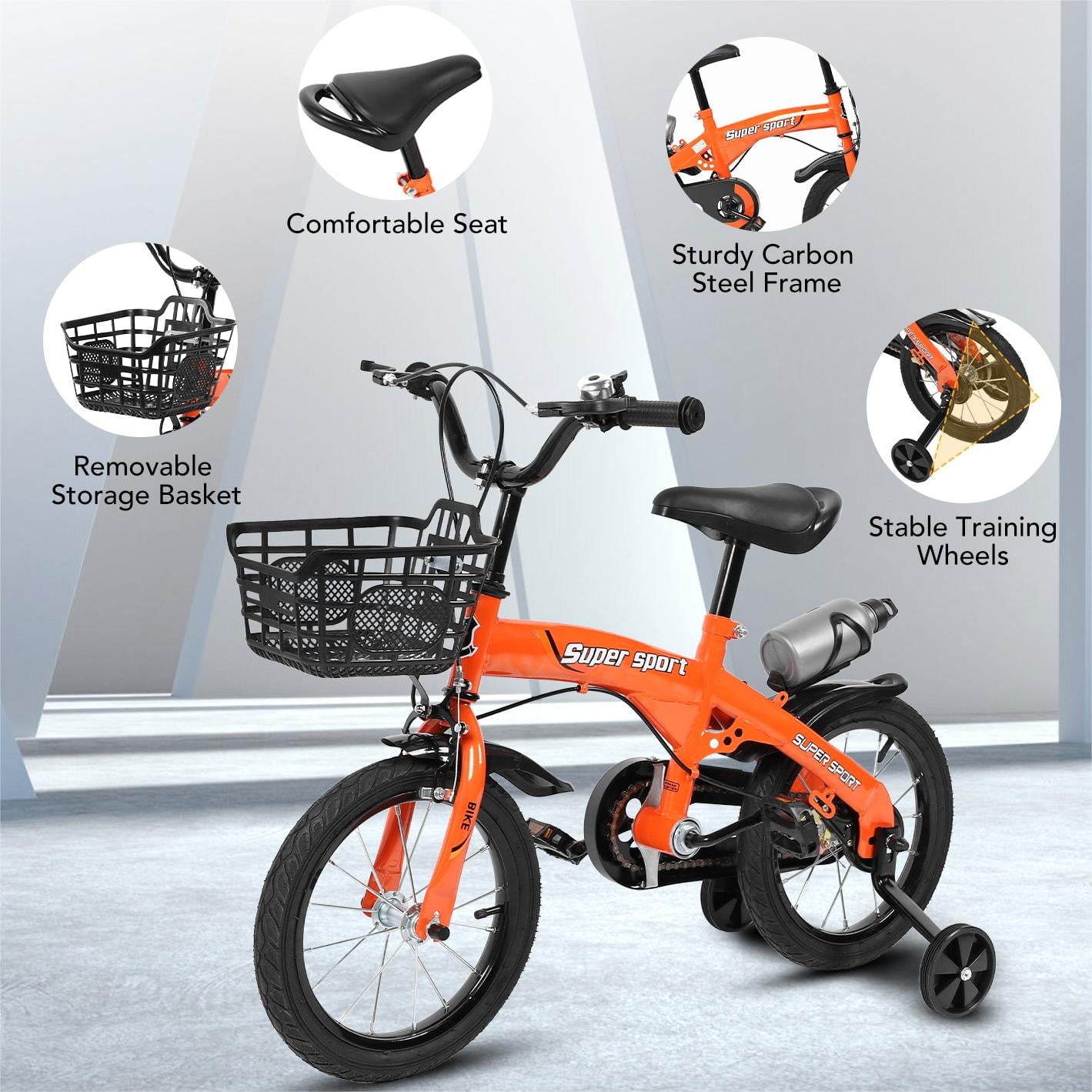 16 Kids Bike with Training Wheels, Height Adjustable Kid's Bicycle with Basket/Water Bottle/Inflator/Bell, Gifts for Girls Boys Toddlers Kids 3-8 YO