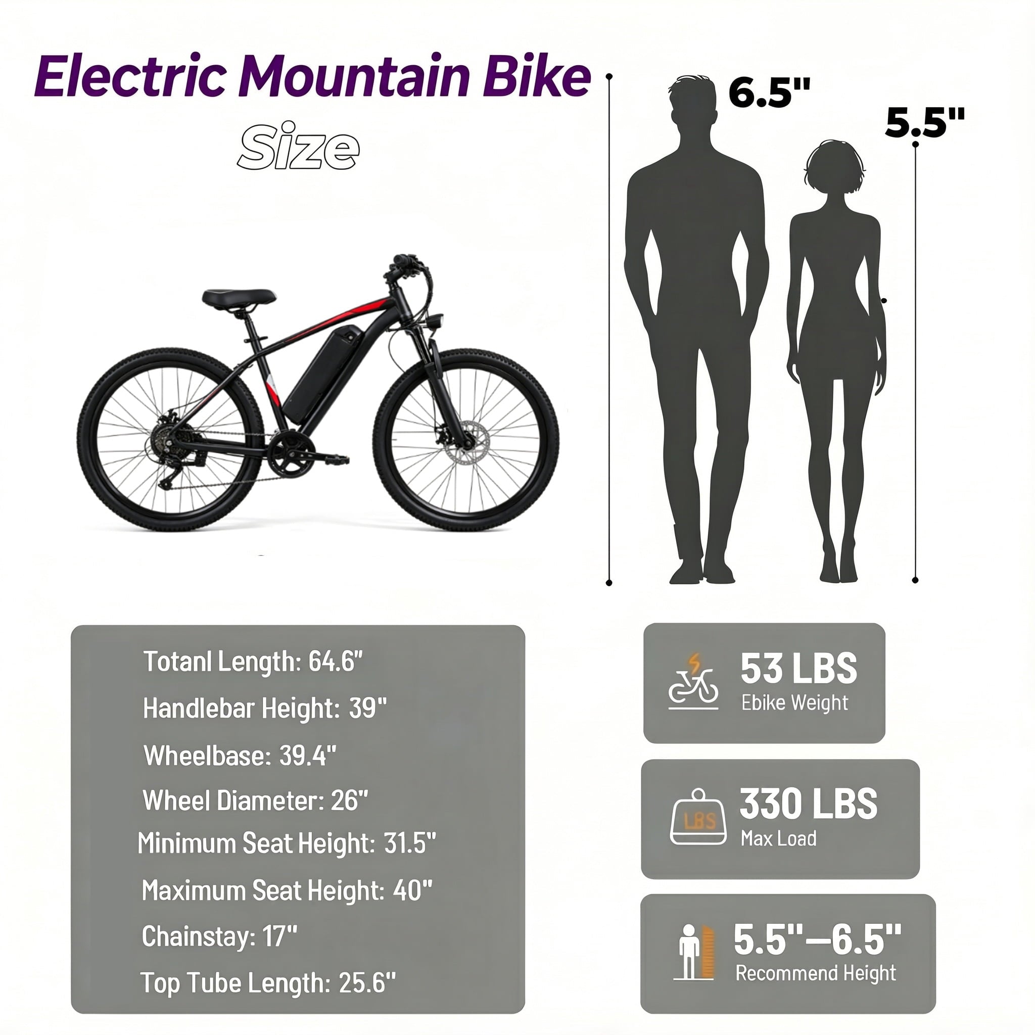 26’’ Electric Mountain Bike for Adults, 500W Peak Motor, 36V 12Ah Removable Waterproof Battery, 20 MPH, 30 Miles Range, 7-Speed Suitable for Mountain, Commuting, Shopping, or Trip, UL 2849
