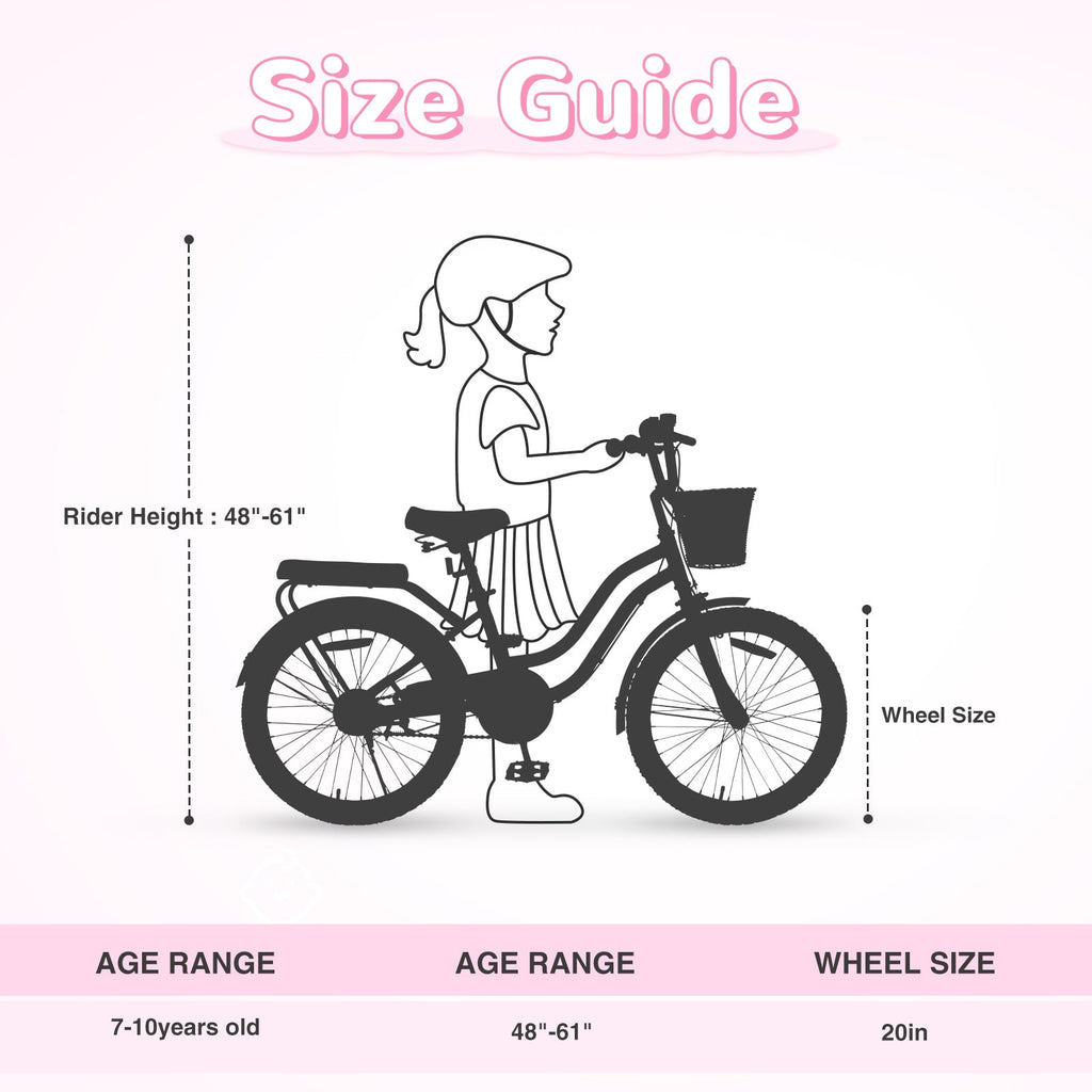 Dolonm 20 Kids Bike for Ages 7-10, Lightweight High-Carbon Steel Frame Cruiser Bicycle, Girls Bike with Wicker Basket, Rear Seat Rack, No Training Wheels, Pink